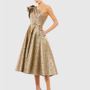 Mac Duggal Gold One Shoulder Bow Midi Dress With Pockets